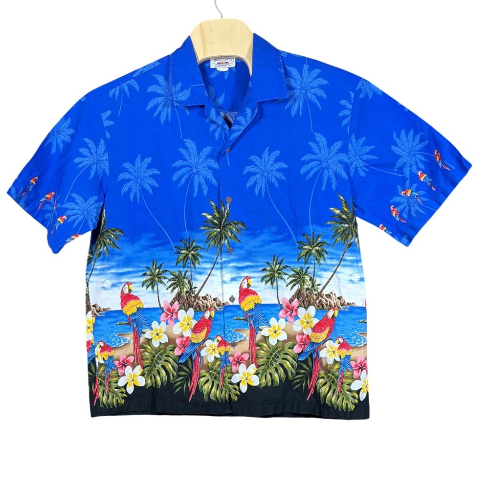 Pacific Legend Shirt Men XL Hawaiian Aloha Blue Parrot Tropical Cotton Button Up